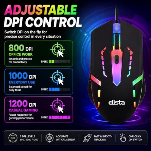 Elista RGB Wired Mouse for Laptop & PC | 3 DPI Levels (800/1000/1200) | USB Plug & Play | LED Light Mouse | Ergonomic Design | Budget Gaming Mouse - Image 3