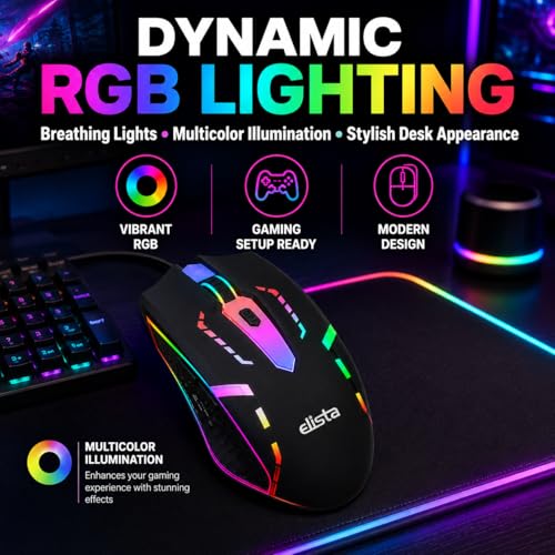 Elista RGB Wired Mouse for Laptop & PC | 3 DPI Levels (800/1000/1200) | USB Plug & Play | LED Light Mouse | Ergonomic Design | Budget Gaming Mouse - Image 2