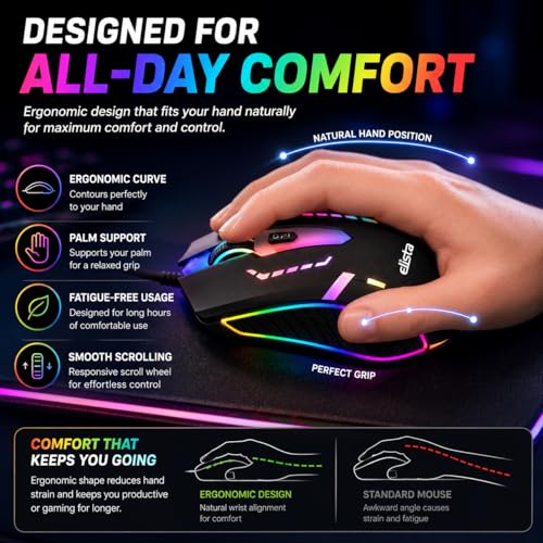 Elista RGB Wired Mouse for Laptop & PC | 3 DPI Levels (800/1000/1200) | USB Plug & Play | LED Light Mouse | Ergonomic Design | Budget Gaming Mouse - Image 4