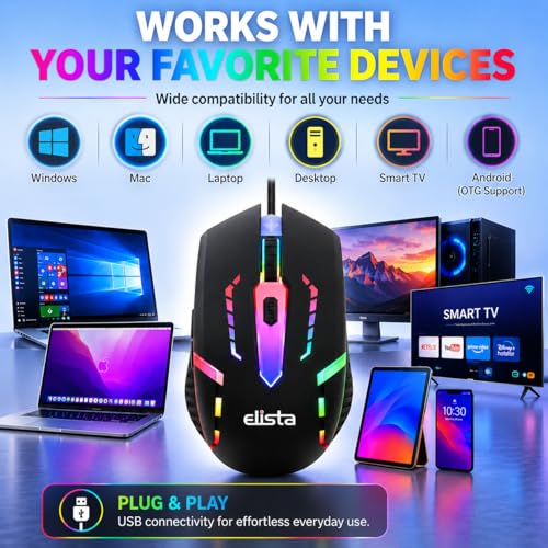 Elista RGB Wired Mouse for Laptop & PC | 3 DPI Levels (800/1000/1200) | USB Plug & Play | LED Light Mouse | Ergonomic Design | Budget Gaming Mouse - Image 5