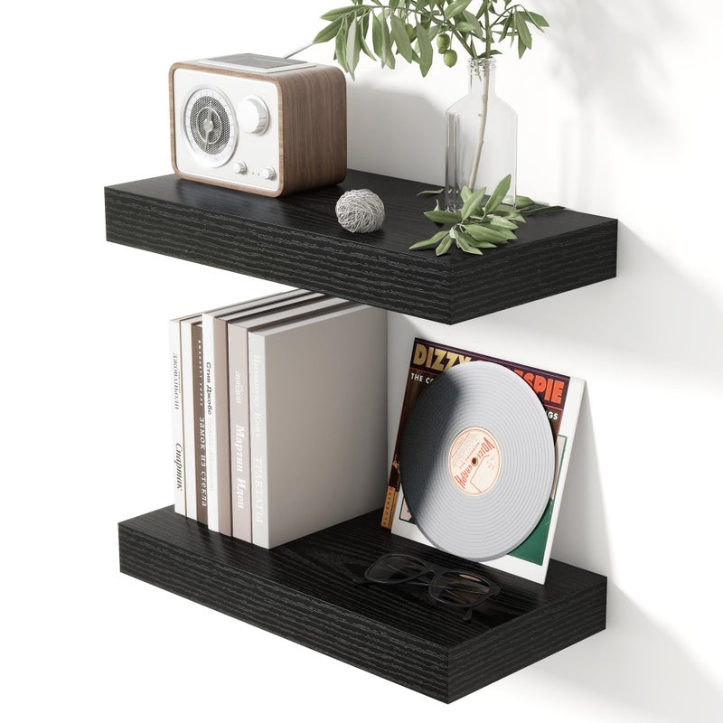 Heimlove 16 Inch Floating Shelves for Wall Black Shelves Set of 2,Wall Mounted Rustic Wood 8 Inch Deep Floating Shelf with Invisible Brackets for Bedroom Kitchen Living Room - Image 1