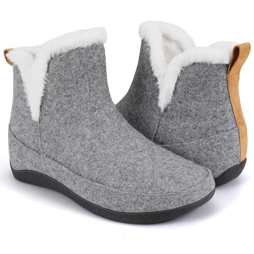 ERGOfoot Slipper Boots With Arch Support for Women Men Comfy Plantar Fasciitis Orthopedic Slippers for Indoor Outdoor Wool Felt Slipper Booties with Warm Cozy Plush Faux Fur LiningGrey W8M7 - Image 1