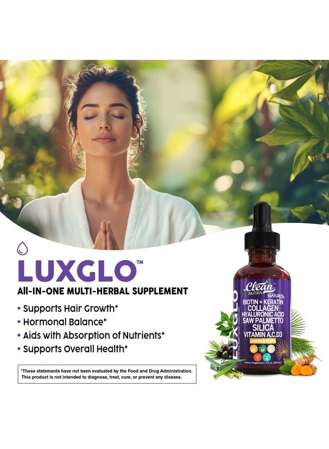 Clean Nutraceuticals Biotin Liquid Drops Collagen Keratin Hyaluronic Acid Saw Palmetto for Hair Skin and Nails Silica Vitamin A C Vitamin D Bamboo Turmeric Zinc Folate Magnesium Horsetail LuxGlo by Clean Nutra - Image 3