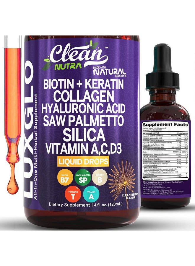 Clean Nutraceuticals Biotin Liquid Drops Collagen Keratin Hyaluronic Acid Saw Palmetto for Hair Skin and Nails Silica Vitamin A C Vitamin D Bamboo Turmeric Zinc Folate Magnesium Horsetail LuxGlo by Clean Nutra - Image 1