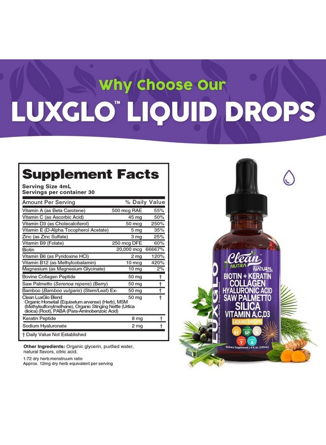 Clean Nutraceuticals Biotin Liquid Drops Collagen Keratin Hyaluronic Acid Saw Palmetto for Hair Skin and Nails Silica Vitamin A C Vitamin D Bamboo Turmeric Zinc Folate Magnesium Horsetail LuxGlo by Clean Nutra - Image 4