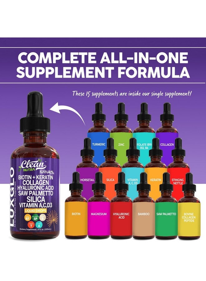 Clean Nutraceuticals Biotin Liquid Drops Collagen Keratin Hyaluronic Acid Saw Palmetto for Hair Skin and Nails Silica Vitamin A C Vitamin D Bamboo Turmeric Zinc Folate Magnesium Horsetail LuxGlo by Clean Nutra - Image 2