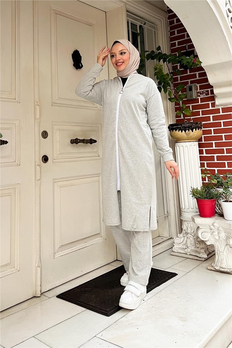 Sevda Zippered Long Plain Basic Coat Tracksuit Sportswear Set - 3044 - Gray - Image 3