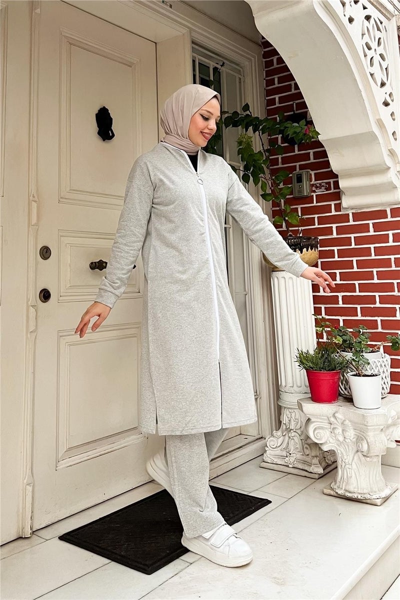 Sevda Zippered Long Plain Basic Coat Tracksuit Sportswear Set - 3044 - Gray - Image 4