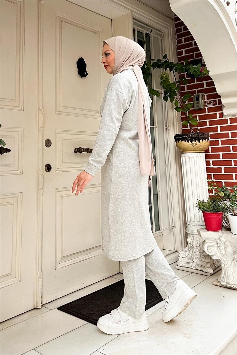 Sevda Zippered Long Plain Basic Coat Tracksuit Sportswear Set - 3044 - Gray - Image 5
