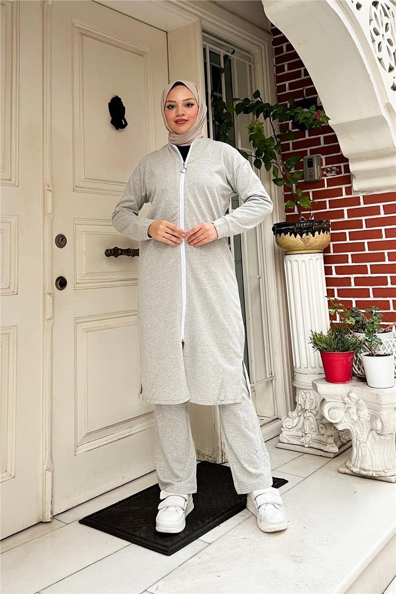 Sevda Zippered Long Plain Basic Coat Tracksuit Sportswear Set - 3044 - Gray - Image 2