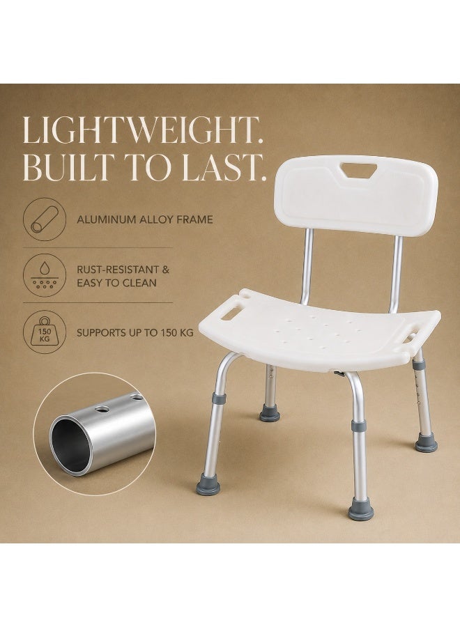 Adjustable Shower Chair With Backrest, Non-Slip Hollow Seat, Aluminum Frame, 6-Level Height Adjustment and 150kg Capacity - Image 3