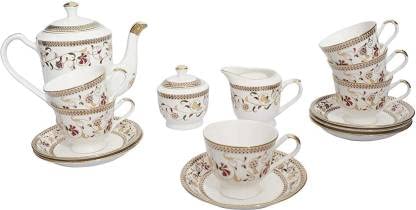 TREANDCARD Bone China Tableware Bone China Tea Coffee Cups Saucer with Kettle 180 ml Set of 15 Pcs White - Image 1