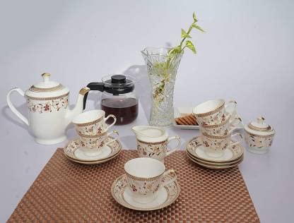 TREANDCARD Bone China Tableware Bone China Tea Coffee Cups Saucer with Kettle 180 ml Set of 15 Pcs White - Image 2