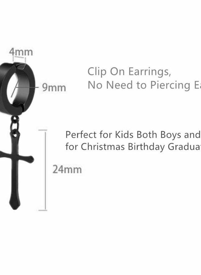 CCBFY Non-pierced Earrings Set for Men Women Cross Titanium Steel Hoop Dangle Clip On Earring Black - Image 3