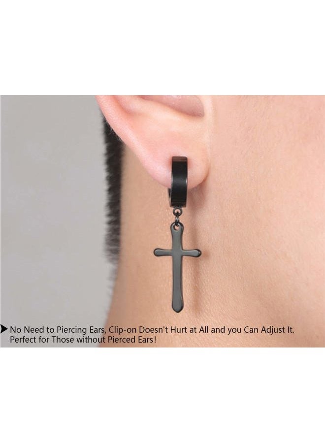 CCBFY Non-pierced Earrings Set for Men Women Cross Titanium Steel Hoop Dangle Clip On Earring Black - Image 4