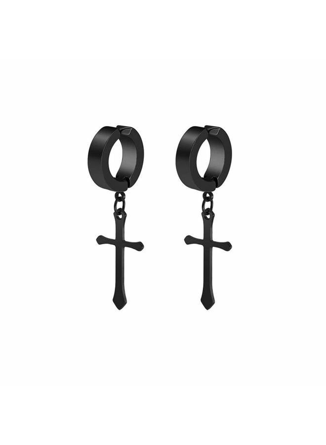 CCBFY Non-pierced Earrings Set for Men Women Cross Titanium Steel Hoop Dangle Clip On Earring Black - Image 1