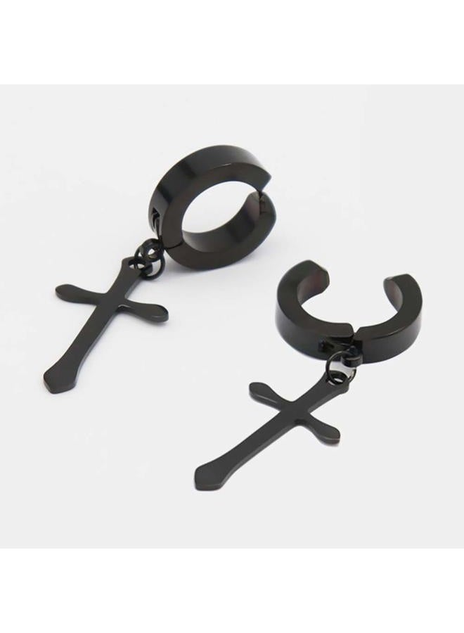 CCBFY Non-pierced Earrings Set for Men Women Cross Titanium Steel Hoop Dangle Clip On Earring Black - Image 2
