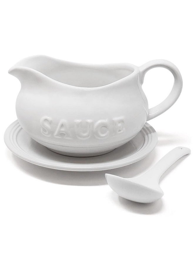 KOVOT 24 Oz Gravy Boat, Tray and Ladle | Ceramic White Gravy Dish With The Word "Sauce" On It  - Image 1