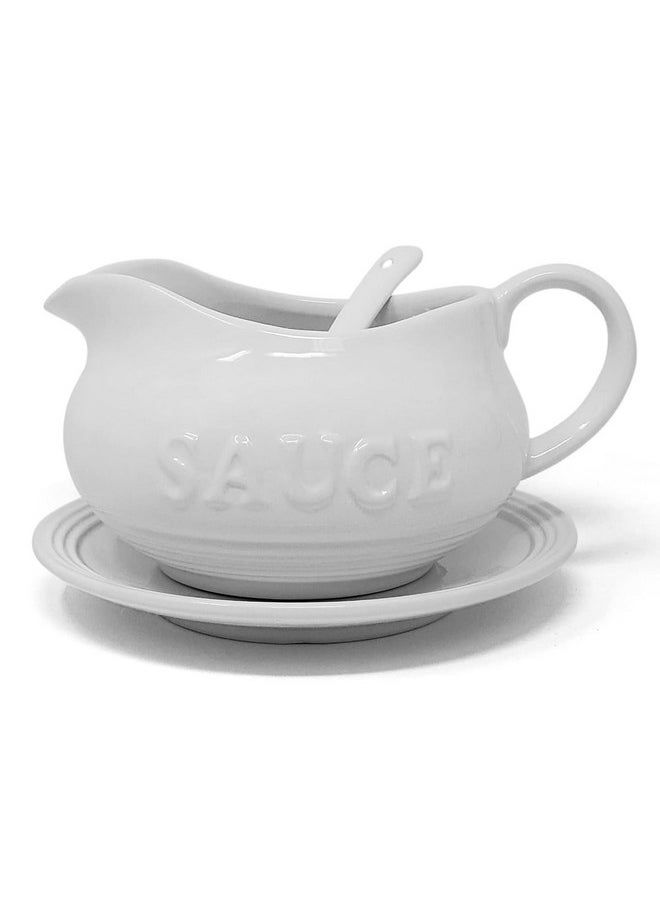 KOVOT 24 Oz Gravy Boat, Tray and Ladle | Ceramic White Gravy Dish With The Word "Sauce" On It  - Image 5