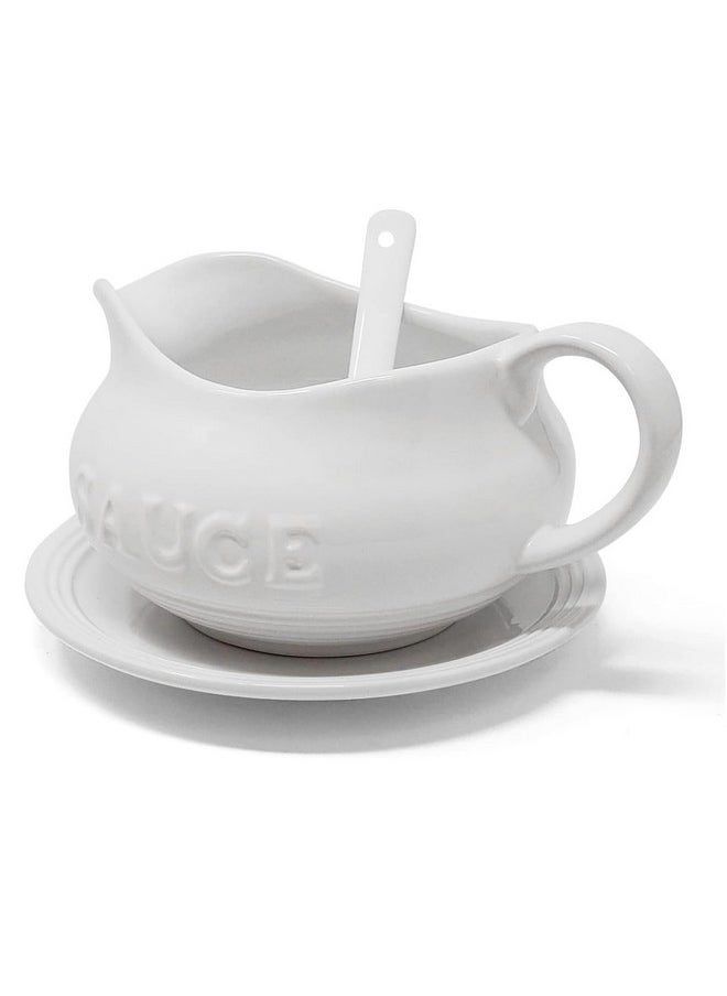 KOVOT 24 Oz Gravy Boat, Tray and Ladle | Ceramic White Gravy Dish With The Word "Sauce" On It  - Image 3