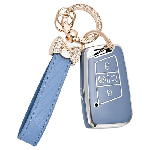 JAMCARI Key Fob Cover for Volkswagen with Keychain, Soft TPU Protection Car Key Case for VW Tiguan Atlas Taos SEL Jetta GLI Passat Arteon Golf Alltrack Remote Start Smart Key (Blue) - Image 1