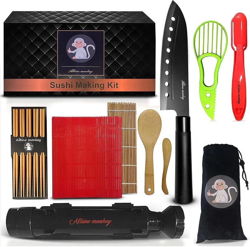 Albino monkey Sushi Making Kit for Beginners with Bazooka, Sashimi Knife, 2 Mats (Bamboo/Dishwasher-Safe PP), Nigiri Mold & Avocado Slicer | Food-Safe, Giftable, Step-by-Step Video Guide - Image 1