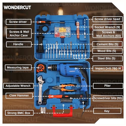 WONDERCUT Professional-Impact Drill Tool Kit, 780W, 3000 RPM, 13mm Chuck, Blue BMC WC-13DK-100 Power & Hand Tool Kit (105 Tools) - Image 3