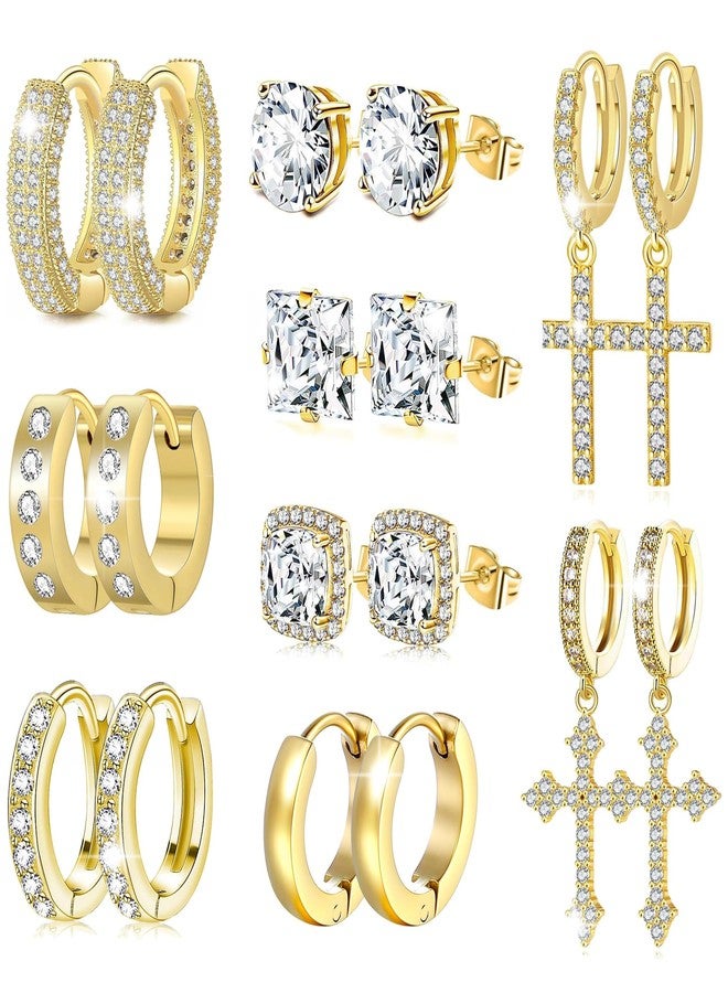 FEYIR 9 Pairs Earrings for Men Stainless Steel Small Hoop Earrings Hypoallergenic CZ Cross Dangle Earrings Cubic Zirconia Stud Earrings Huggie Men's Earrings Set - Image 1