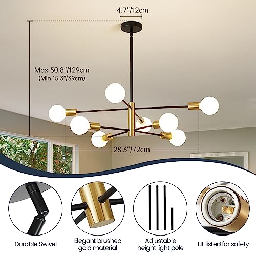 RUIYEY Modern Sputnik Chandeliers Black and Gold Mid Century Chandelier 8-Light Dining Room Light Fixture Height Adjustable Ceiling Lights Farmhouse Chandeliers for Kitchen Island Living Room - Image 3