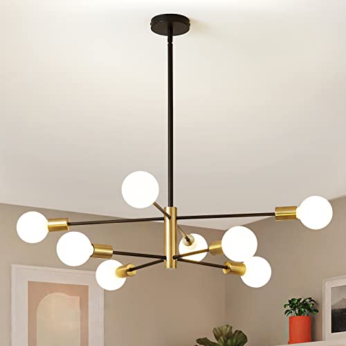 RUIYEY Modern Sputnik Chandeliers Black and Gold Mid Century Chandelier 8-Light Dining Room Light Fixture Height Adjustable Ceiling Lights Farmhouse Chandeliers for Kitchen Island Living Room - Image 1