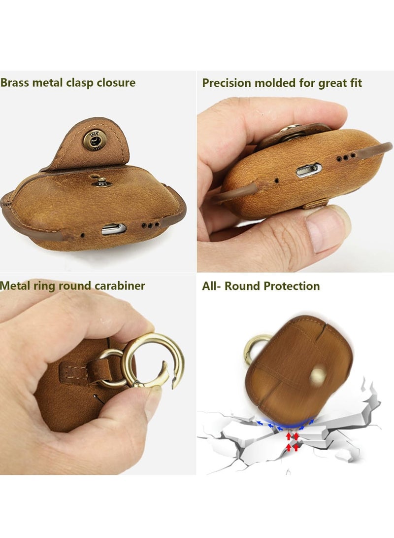 عام حافظة متوافقة مع AirPods Pro2، غطاء حماية من الجلد الأصلي الفاخر مقاوم للصدمات مع سلسلة مفاتيح لـ AirPods Pro الجيل الثاني، يدعم الشحن اللاسلكي، بني - Image 3