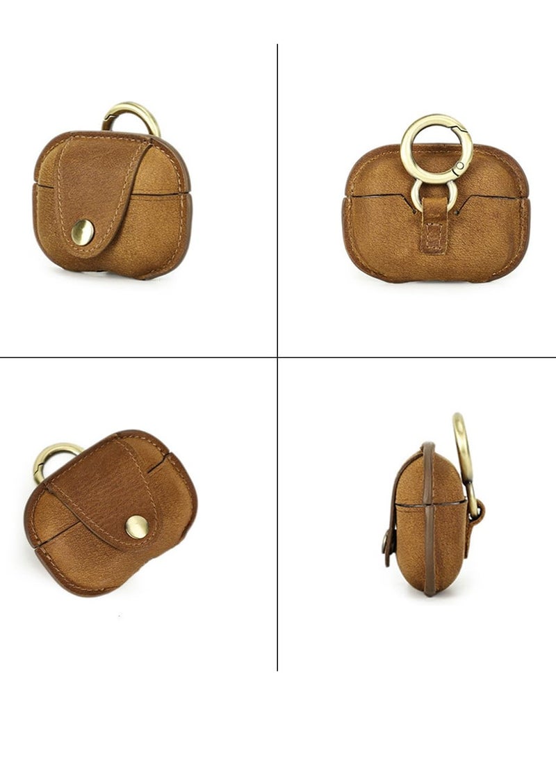 عام حافظة متوافقة مع AirPods Pro2، غطاء حماية من الجلد الأصلي الفاخر مقاوم للصدمات مع سلسلة مفاتيح لـ AirPods Pro الجيل الثاني، يدعم الشحن اللاسلكي، بني - Image 4