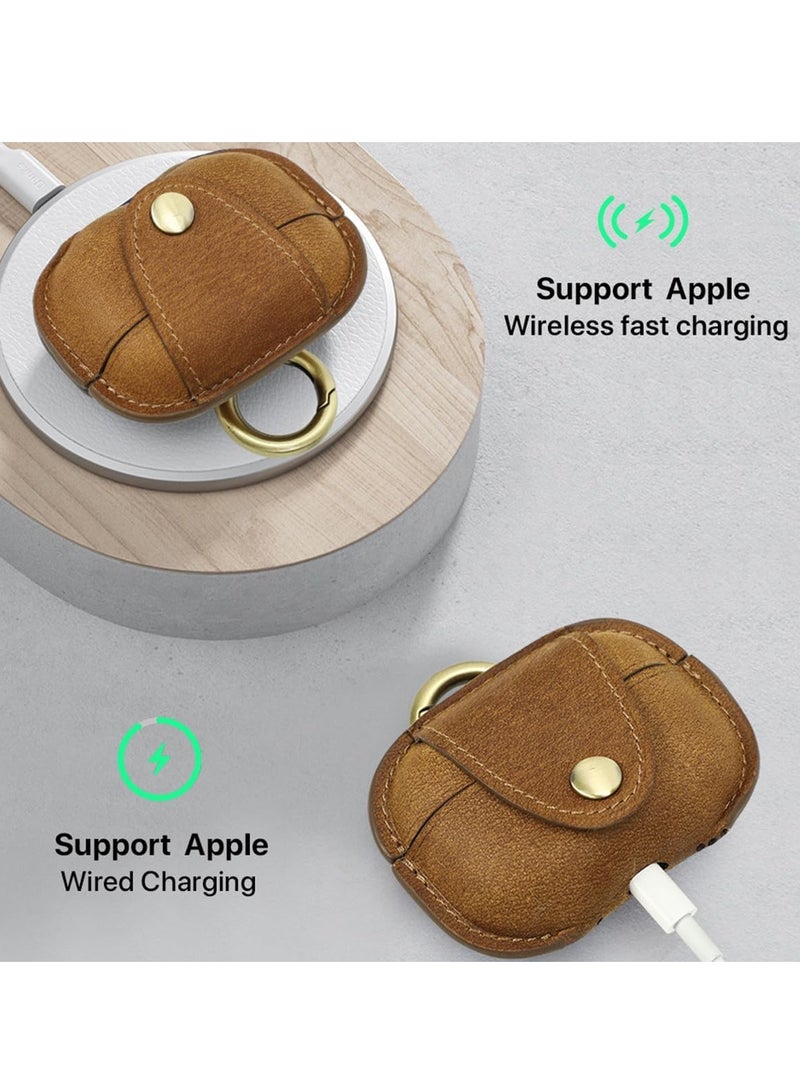 عام حافظة متوافقة مع AirPods Pro2، غطاء حماية من الجلد الأصلي الفاخر مقاوم للصدمات مع سلسلة مفاتيح لـ AirPods Pro الجيل الثاني، يدعم الشحن اللاسلكي، بني - Image 5