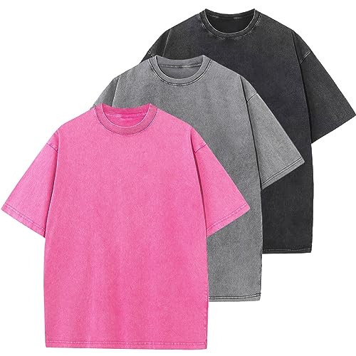 KEEPSHOWING 3 Pcs Oversized Heavy Cotton Summer T-Shirts Vintage Unisex Short Sleeves Casual Loose Basic Tops(A-Pink+Grey+Black L) - Image 4