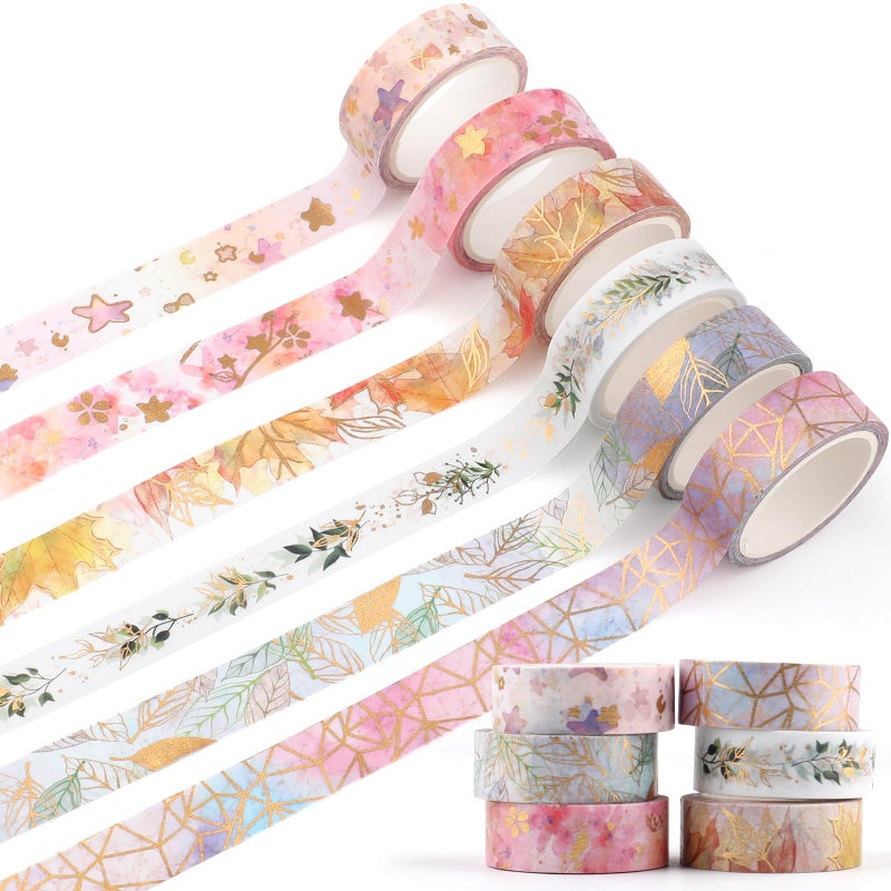 ARPOVIST 6 Rolls Gold Floral Washi Tape Set15mm Gold Foil Colored Floral Pattern Decorative TapeDecorative Masking Tapes for DIY Scrapbook Design Journaling Handbook Making Card Wrap Craft Gift164ft - Image 3