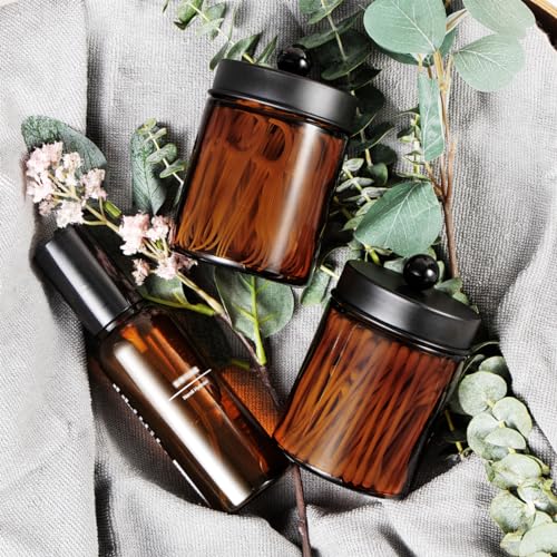 Komashr Amber Glass Qtip Holder, Apothecary Jar,Qtip Dispenser with Metal Lid & Stickers- 3Pack Containers,Vanity Canister Organizer Storage,Bathroom Accessories Set for Cotton Swab, Ball, Pad, Floss - Image 4