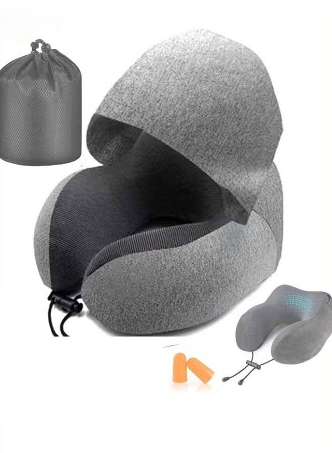XiuWoo Travel Pillow, Neck Pillow for Travel with Hood for Airplane, Velvet Memory Foam Neck Pillow Adult Head & Neck Support, for Long Flights Plane, Office, Cars Sleeping & Rest (Grey) - Image 1