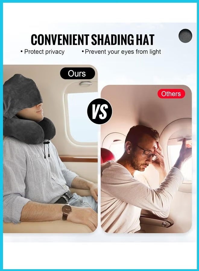 XiuWoo Travel Pillow, Neck Pillow for Travel with Hood for Airplane, Velvet Memory Foam Neck Pillow Adult Head & Neck Support, for Long Flights Plane, Office, Cars Sleeping & Rest (Grey) - Image 2
