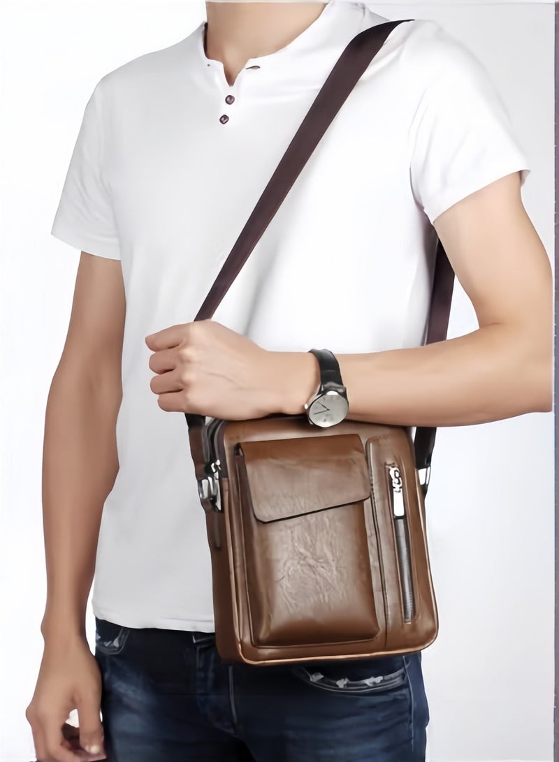 Halamodo Men's Messenger Bag Crossbody Shoulder Purse Small Vintage PU Leather Satchel Pouch Side Crossover Handbag Office Business Magnetic Buckle Adjustable Strap - Image 1