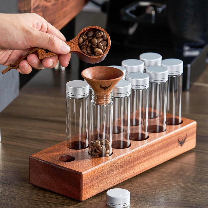 KNODOS Single Dose Coffee Bean Storage Tubes Coffee Bean Cellar 10 Pcs Dosing Glass Vials With Lids (2 Oz) Wooden Display Stand And Funnel - Image 2
