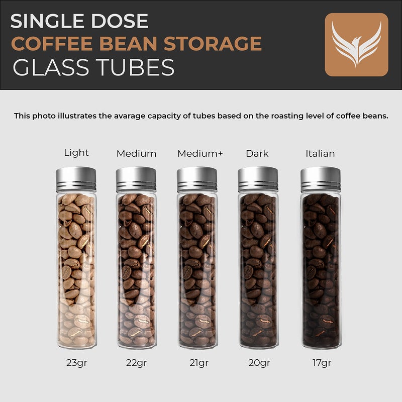 KNODOS Single Dose Coffee Bean Storage Tubes Coffee Bean Cellar 10 Pcs Dosing Glass Vials With Lids (2 Oz) Wooden Display Stand And Funnel - Image 5