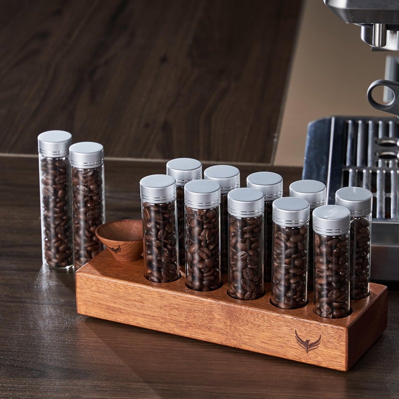 KNODOS Single Dose Coffee Bean Storage Tubes Coffee Bean Cellar 10 Pcs Dosing Glass Vials With Lids (2 Oz) Wooden Display Stand And Funnel - Image 3