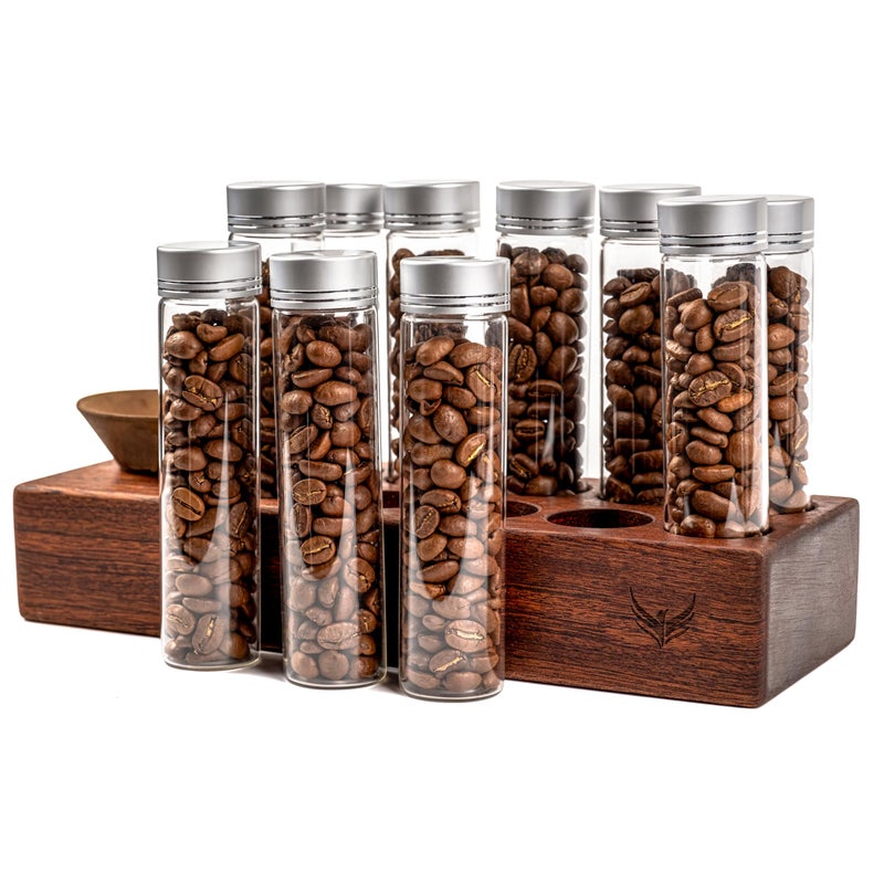 KNODOS Single Dose Coffee Bean Storage Tubes Coffee Bean Cellar 10 Pcs Dosing Glass Vials With Lids (2 Oz) Wooden Display Stand And Funnel - Image 1