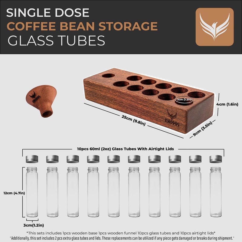 KNODOS Single Dose Coffee Bean Storage Tubes Coffee Bean Cellar 10 Pcs Dosing Glass Vials With Lids (2 Oz) Wooden Display Stand And Funnel - Image 4