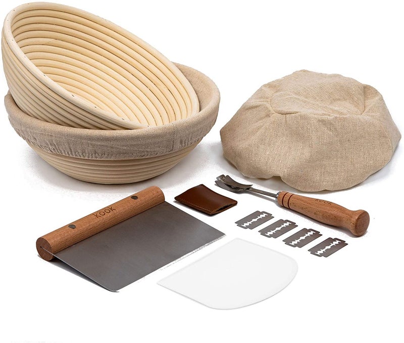 Kook Kook Proofing Set Sourdough Bread 2 Rattan 9 Inch Banneton Baskets 2 Basket Covers Metal Scraper Plastic Scraper Scoring Lame 5 Blades and Case Baking Kit Dough Bowls Round Shape 