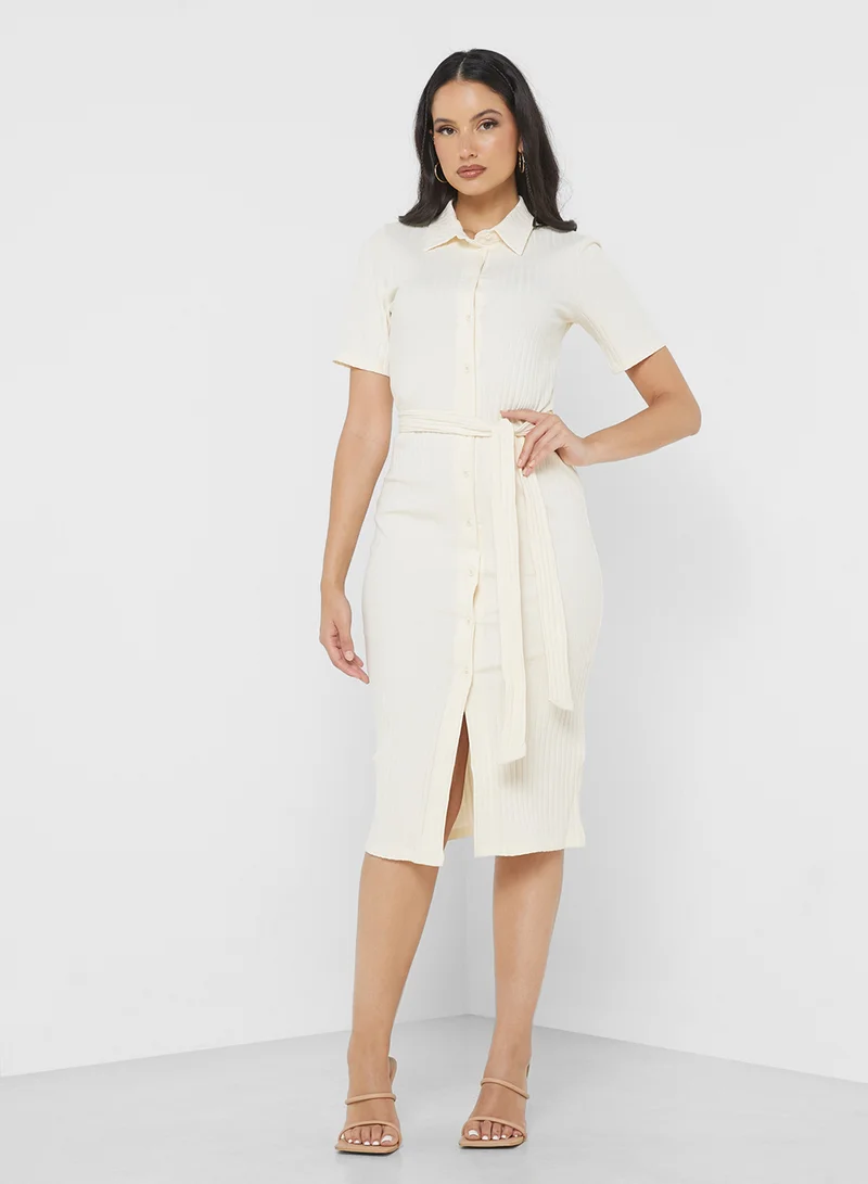PIECES Belted Ribbed Dress