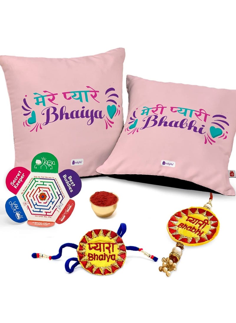 Indigifts Indigifts Rakhi Gift for Brother and Bhabhi Mere Pyare Bhaiya and Bhabhi 2 Printed Satin Cushion Cover 12 x12-inch with Filler Rakhi Set for Bhaiya and Bhabhi Pink  - Image 1