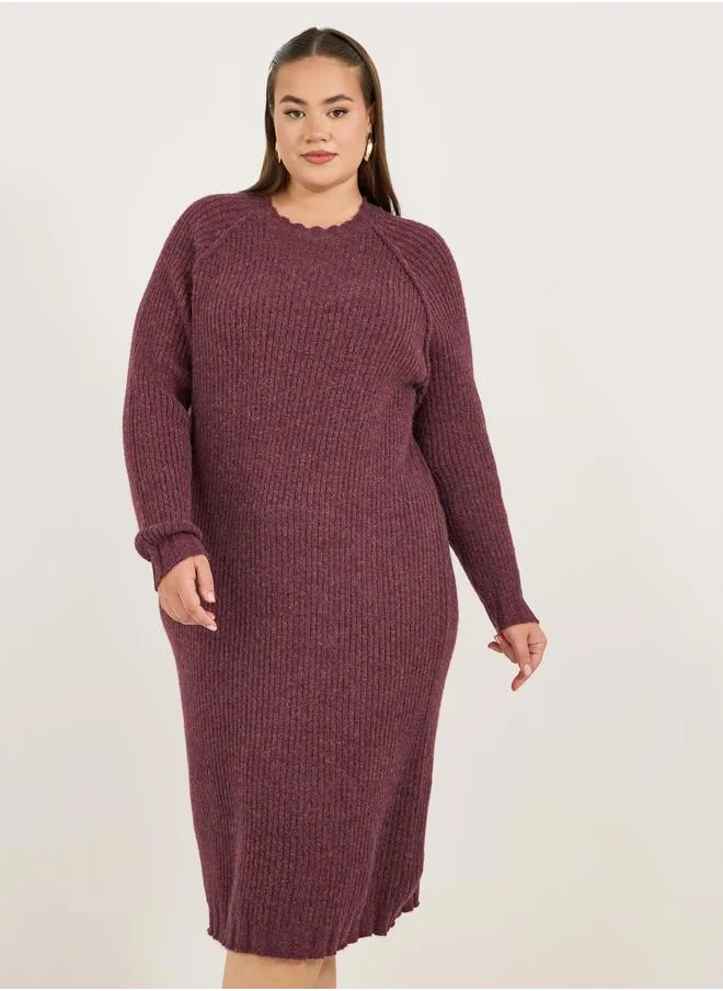Styli Plus Size Rib Knit Long Sleeve Sweater Midi Dress