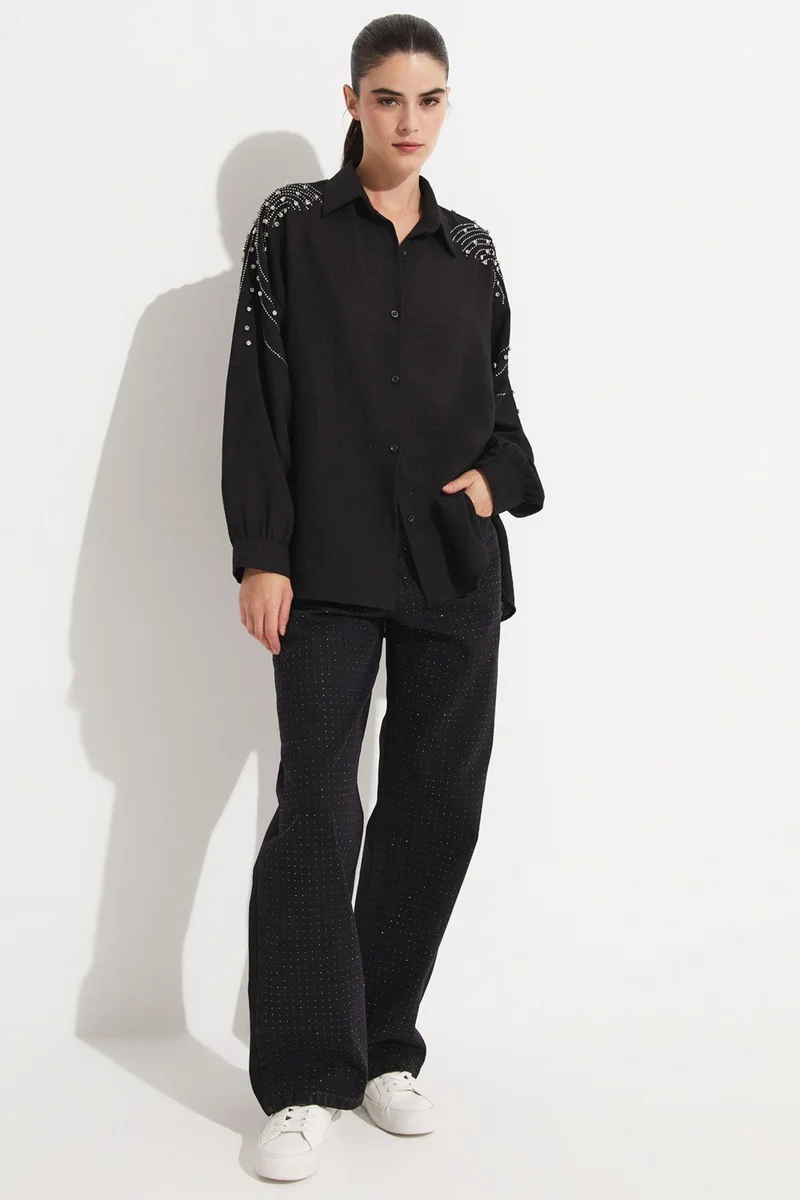 JUNE Women's Woven Shirt with Stone Detail on the Shoulder