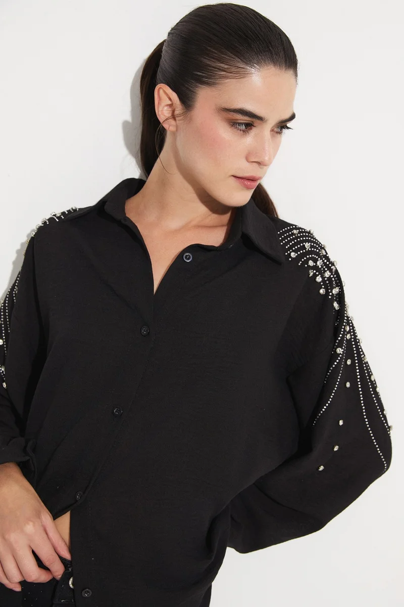 JUNE Women's Woven Shirt with Stone Detail on the Shoulder